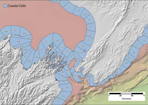 [Figure 2: In Environmental Values Report. NIWA] Detailed view of coastal cells in a complex area of the New Zealand coastline: Cook Strait and Marlborough Sounds. 